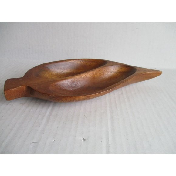 *Monkey Pod Wood Serving Dish Leaf Shape 2 Compartment Candy Nuts - Philippines - Picture 5 of 6